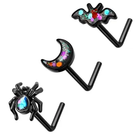 20G 3PCS Spider/Moon/Bat L-Shaped Nostril Studs Set