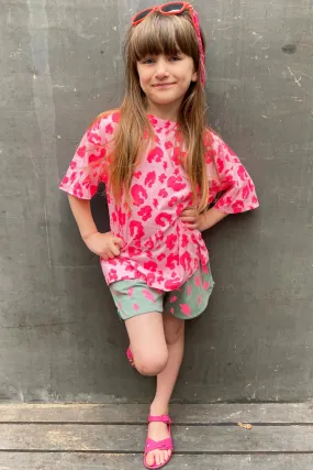 Kids Pink with Neon Pink Leopard Oversized T-Shirt