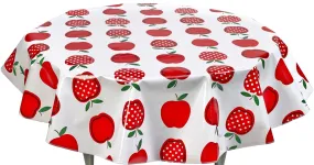 Round Oilcloth Tablecloth in Apples and Dots Red